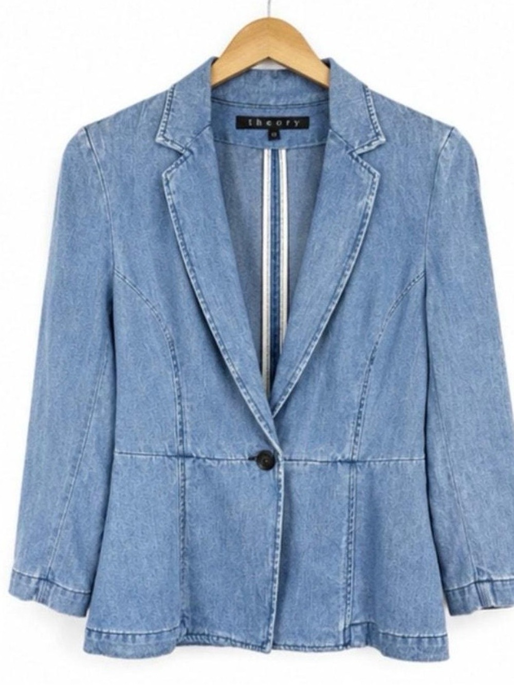 Theory Light Blue Denim Blazer Jacket with Single Button tailor sz 10